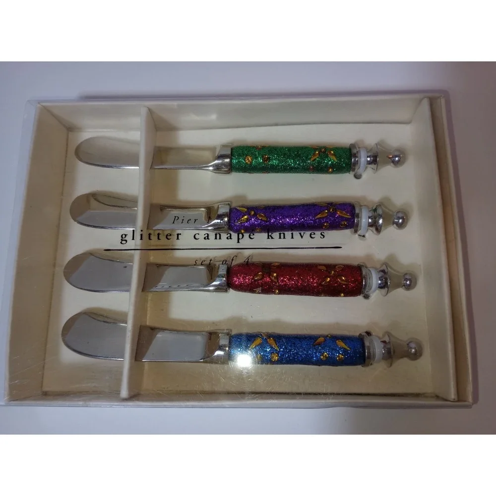 Pier 1 Imports Glitter Jeweled Canape Spreader Knives Set of 4 Nickel-Plated
